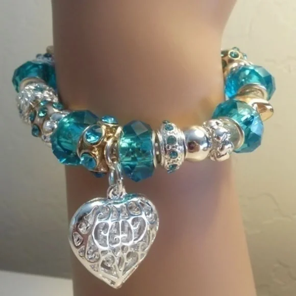 💙💛 Heart Silver, Blue & Yellow Crystal Glass Bracelet 💛💙 - Picture 1 of 3